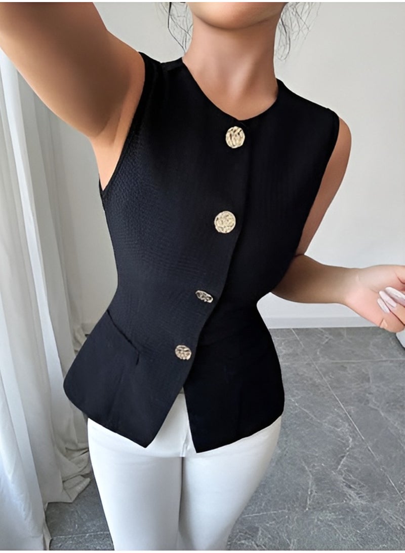 Selina Wear Women’s Black Sleeveless Blazer Vest Top with Gold Button Front, (Size-M). Crew Neck Office Suit, Elegant Fitted Button-Up Design, Dressy Wear Vest for Casual, Party and Formal Looks. - Image 4
